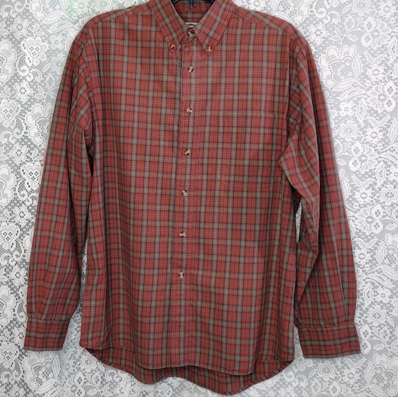 Size M men's cotton button down gray red plaid shirt - Picture 1 of 5